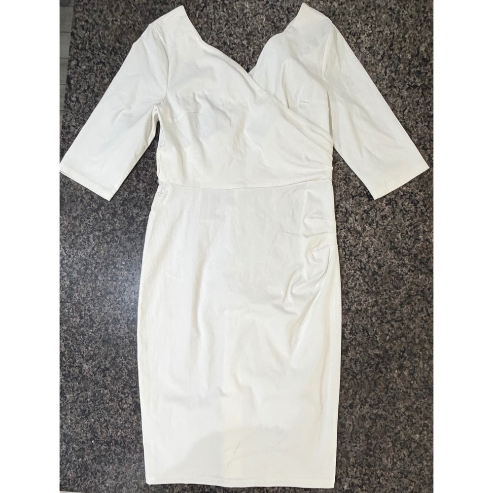 MUXXN Boutique White Ruched Surplice 3/4 Sleeve Sheath Midi Dress‎ 2XL NEW